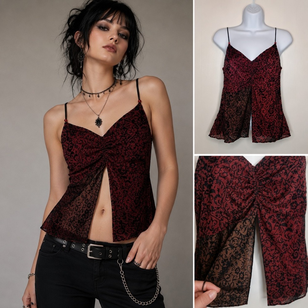 VTG Y2K Cheroy Cami Top L Maroon Black Floral Velvet Burnout Fairy Grunge Whimsy